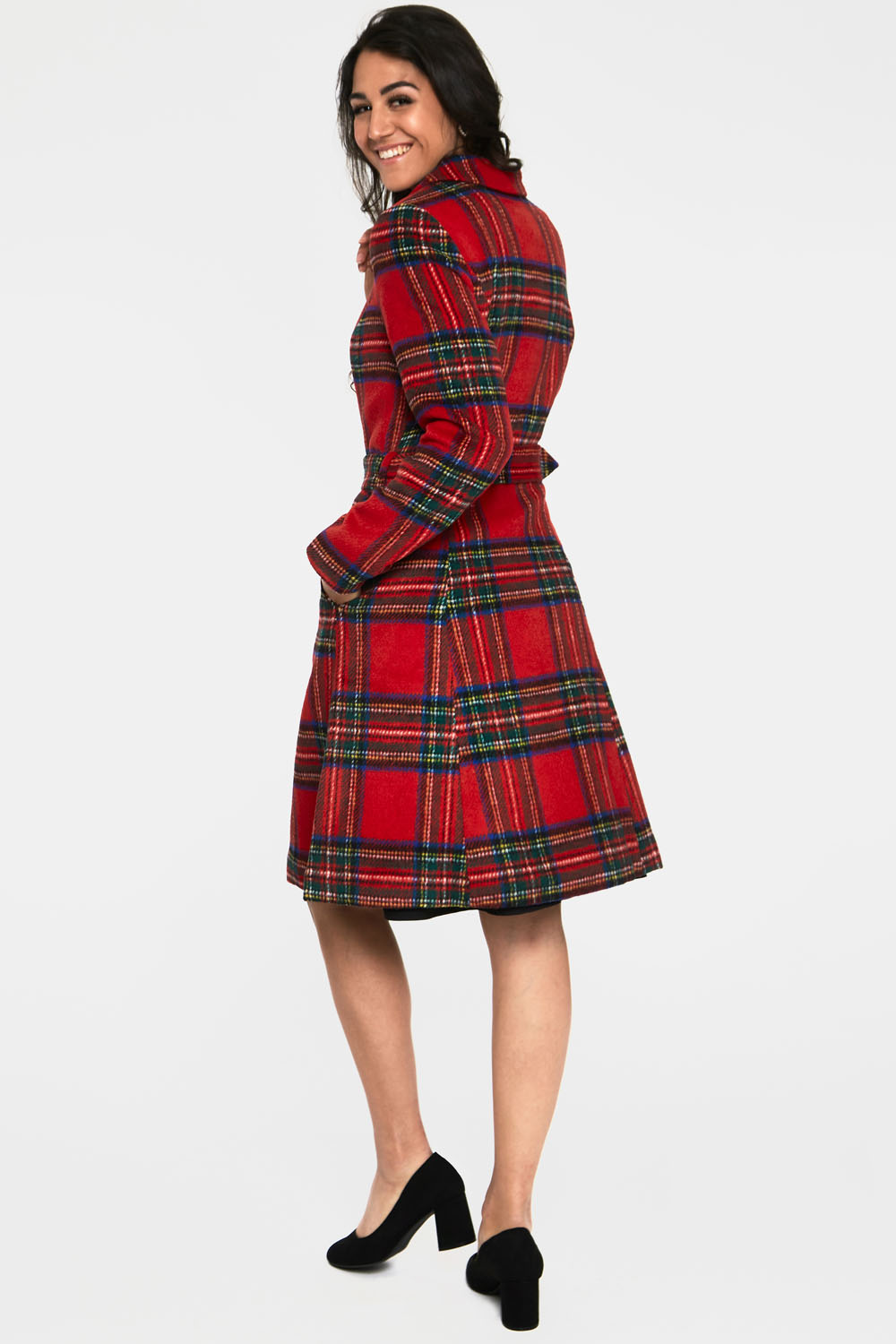 Margaret Red Plaid Curve Coat with Removable Bow