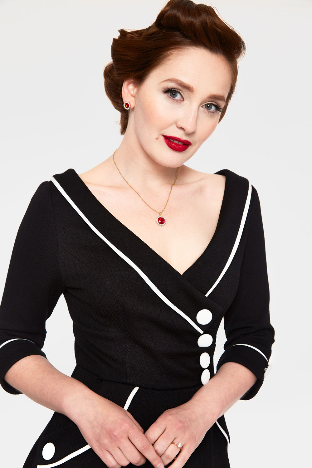 Marica 1950s Black Herringbone Wide Collar Flared Dress