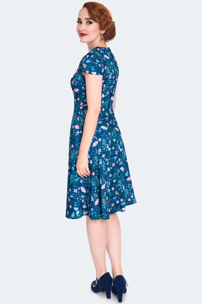 Moth And Flower Print Flare Dress