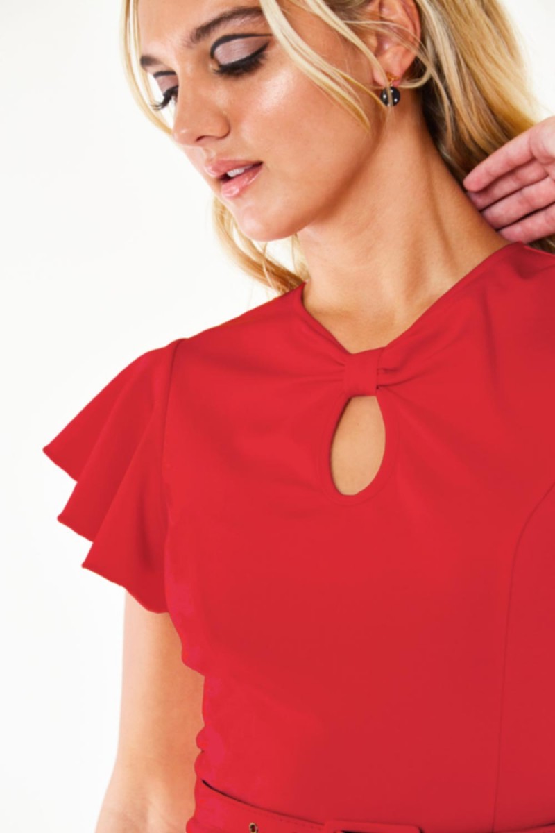 Red Front Keyhole Neck Flare Dress