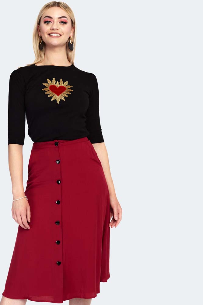 Red Heart Button Midi Skirt