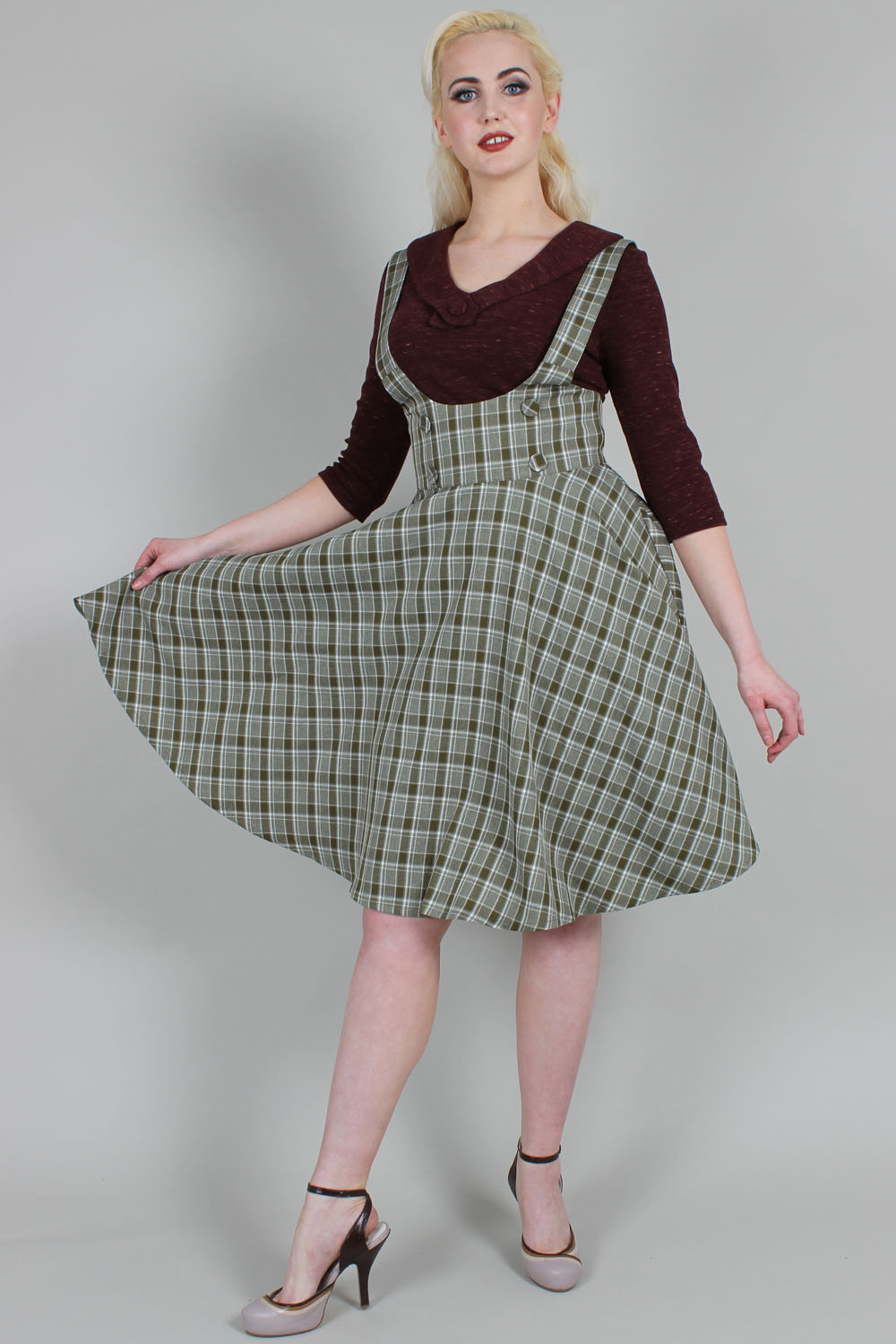 Curve Phoebe Khaki Check Print High-Waisted Overall Skirt