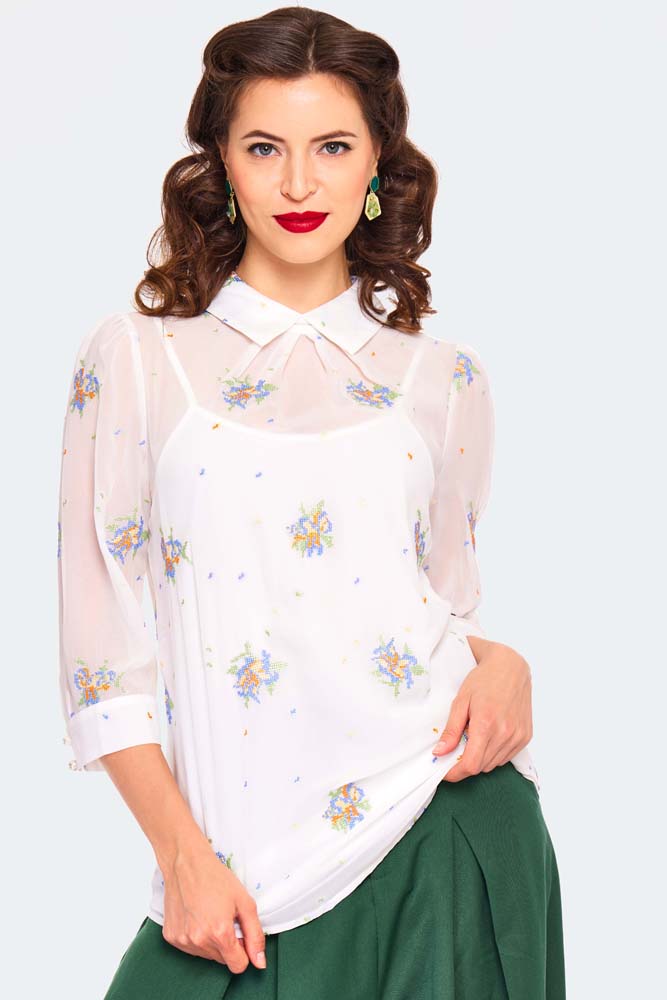 Wonder White Chiffon Floral Embroidered Blouse