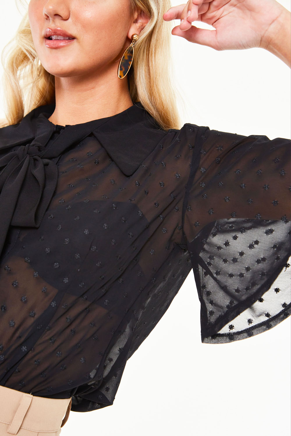 Pussy bow top with flutter sleeves