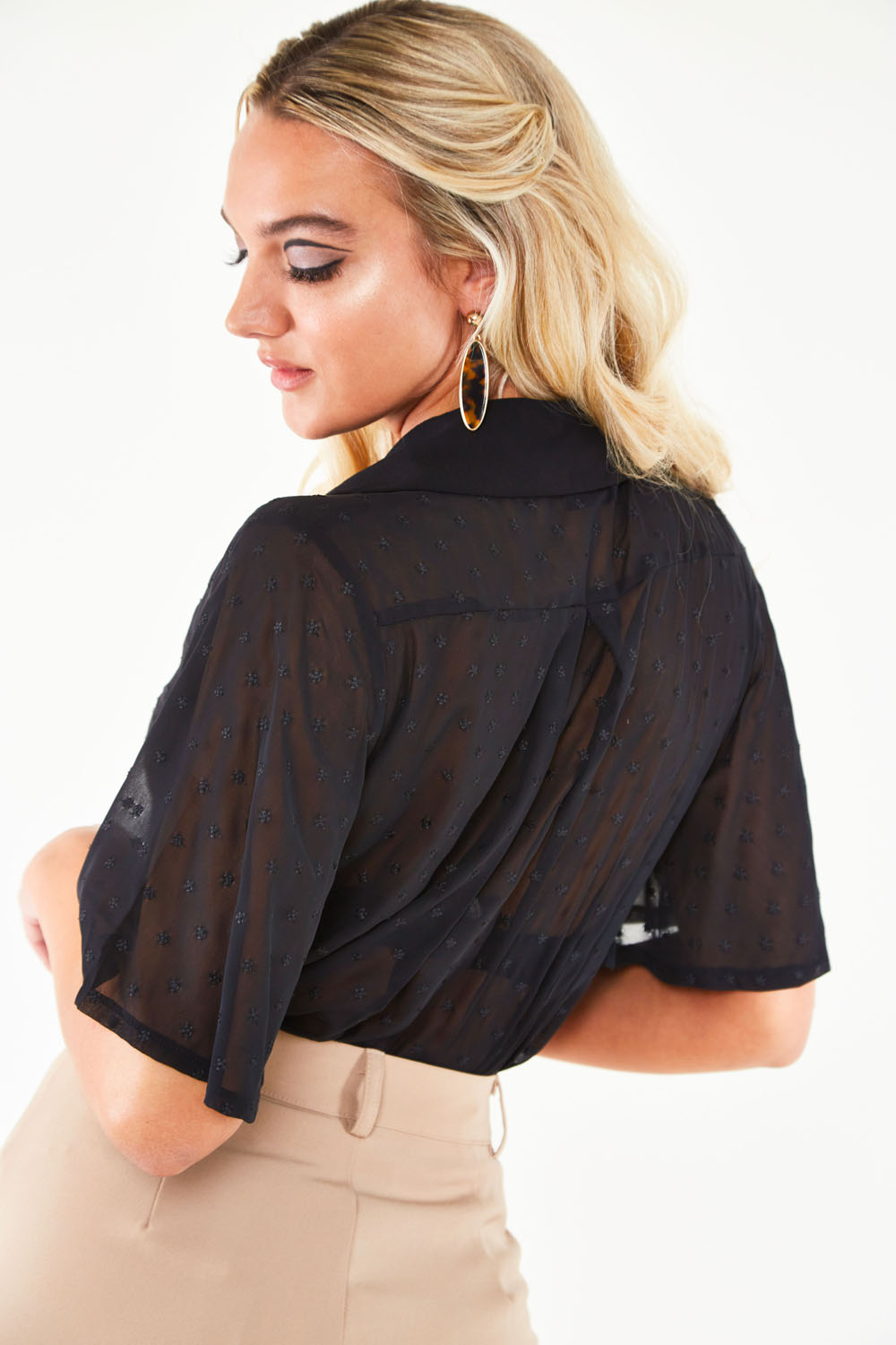 Pussy bow top with flutter sleeves