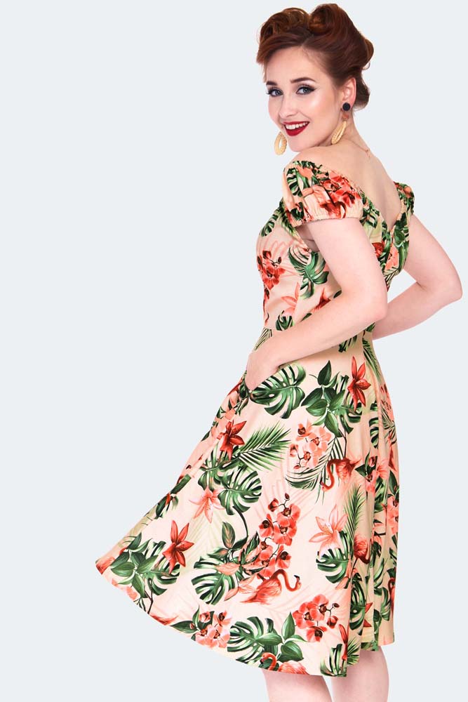 Tropical flammingo print off shoulder flare dress