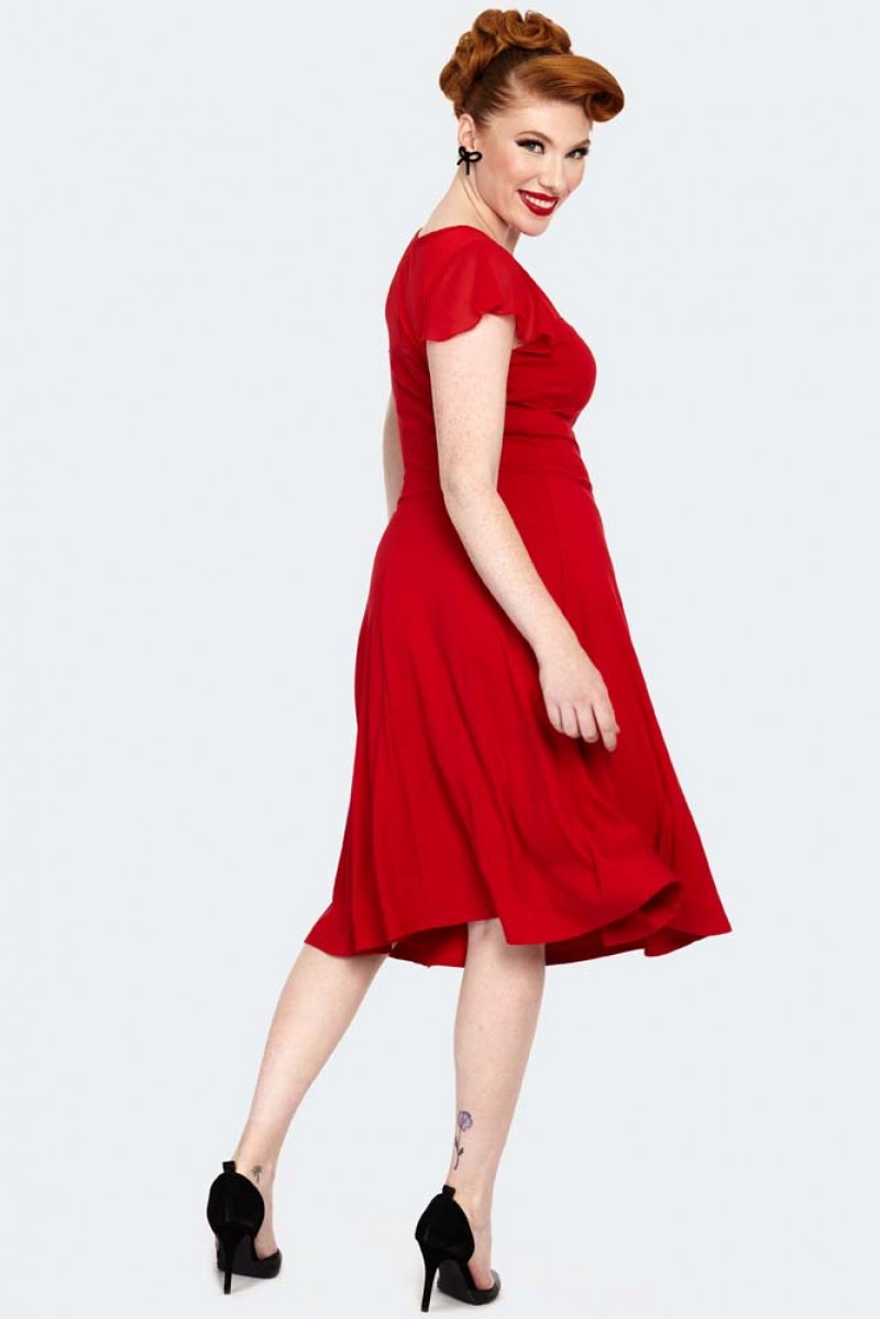 Victoria Red Flutter Sleeve Flare Dress