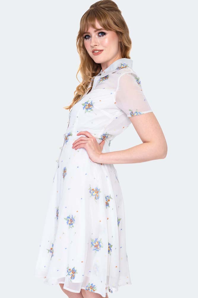 Wonder White Chiffon Floral Embroidered Flared Dress
